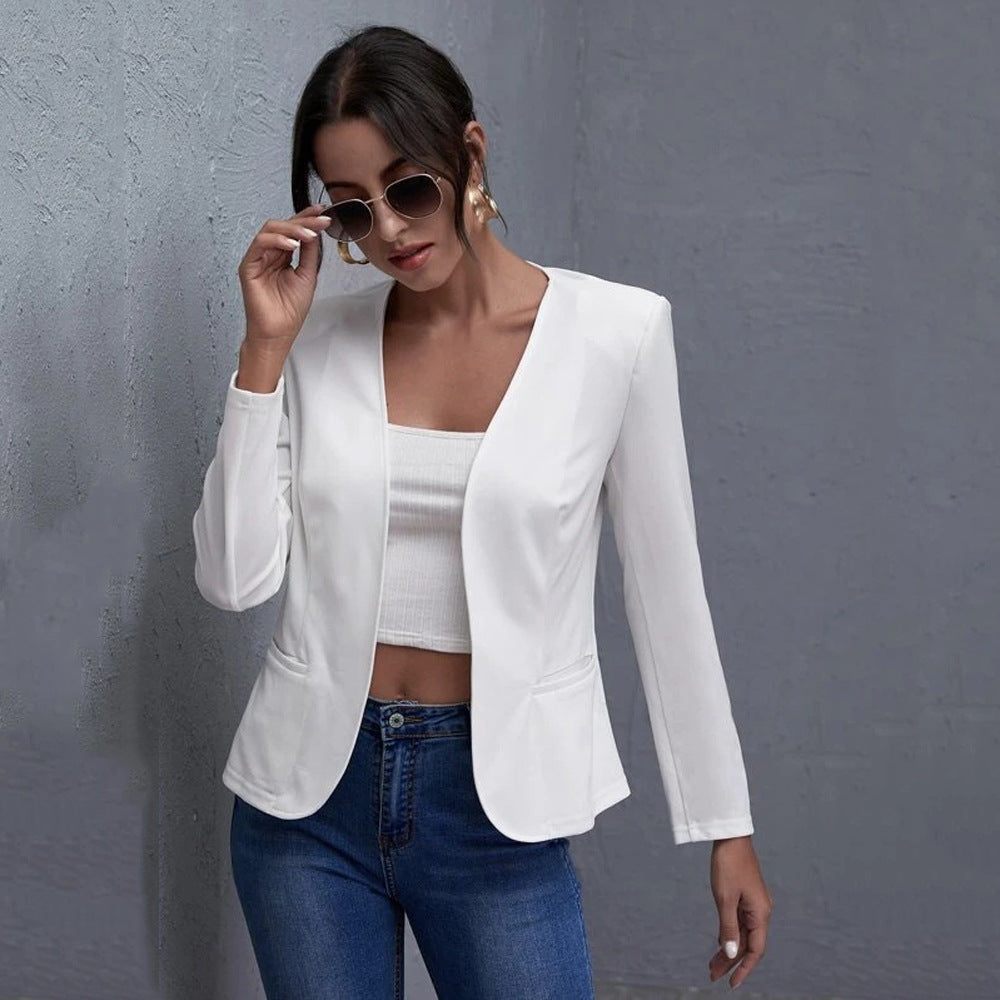 White Open-Front Cropped Blazer – Women's Plus Size Collarless Long Sleeve Jacket