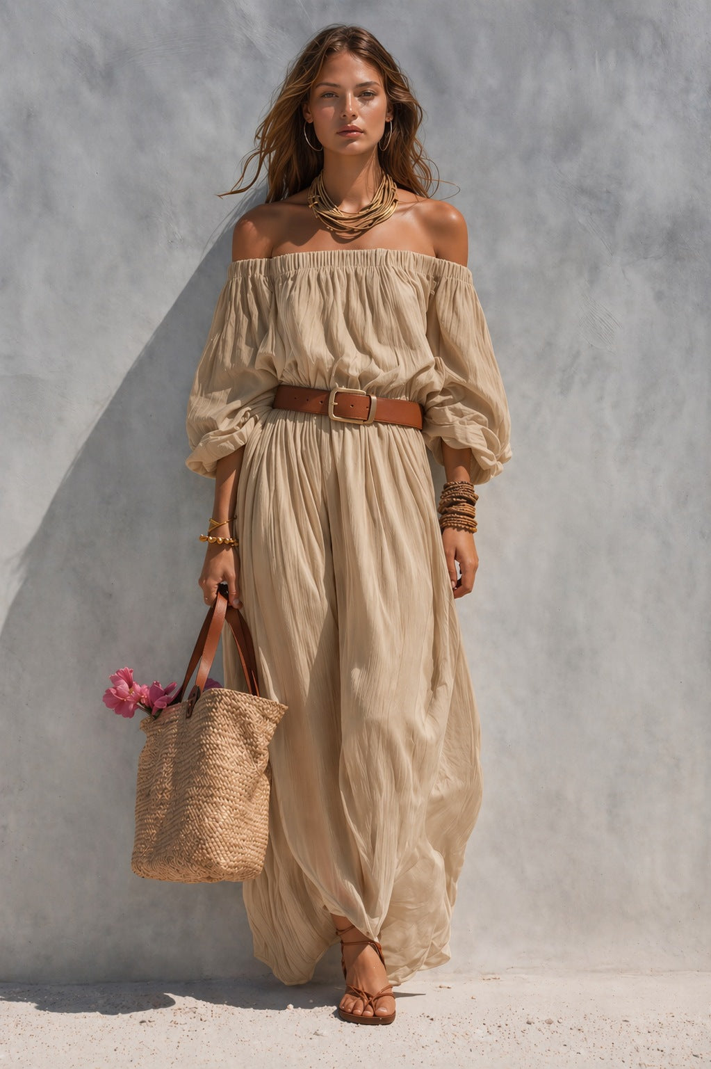 Women's Boat-Neck Sleeveless Cotton-Linen Maxi Dress