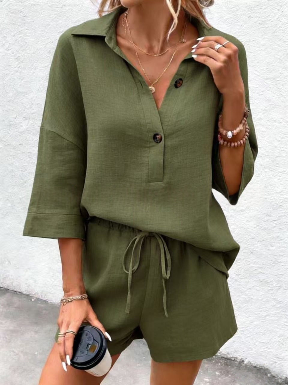 Women's Notch-Lapel Short-Sleeve Top & Belted Shorts Two-Piece Set