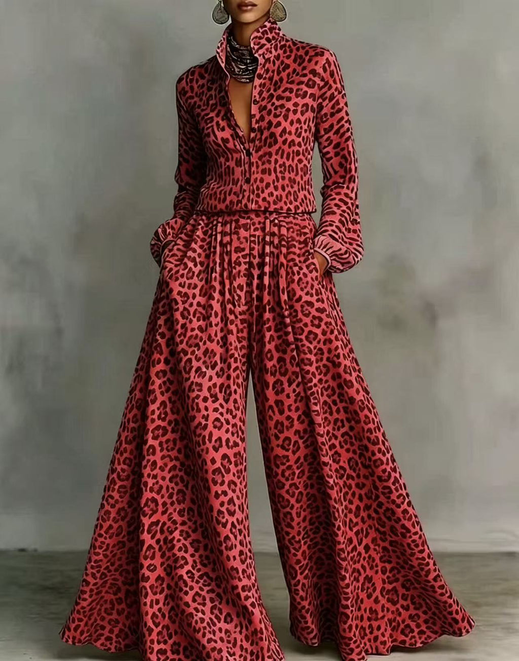 Leopard Print Wide-Leg Pants Set – Women’s Casual Two-Piece