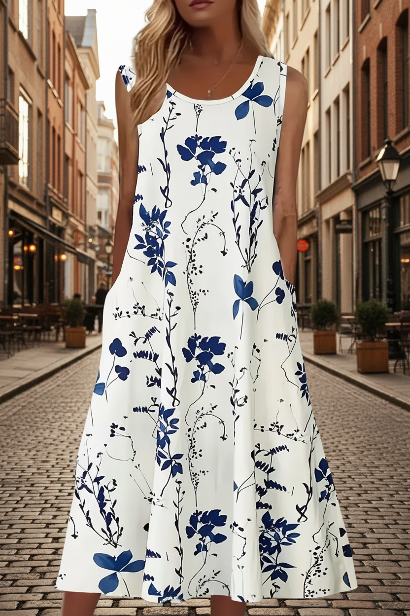 Women's Elegant Floral Print Two-Piece Set – Round Neck Top & Pants