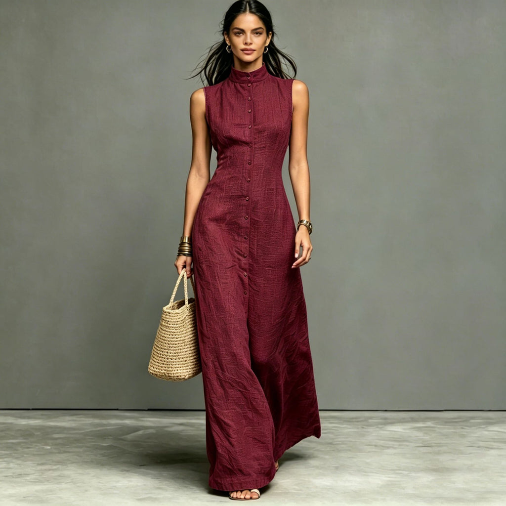Women's Stand-Collar Single-Breasted Sleeveless Midi Dress
