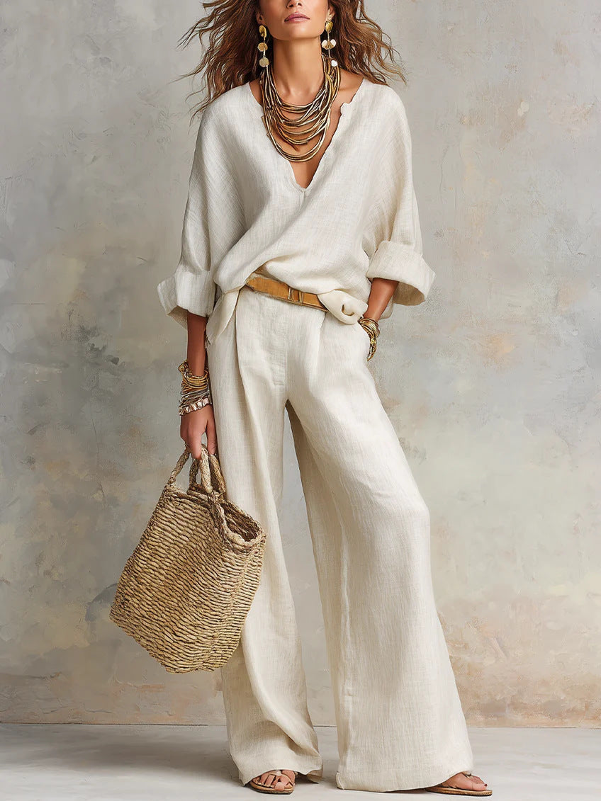 Women's Casual Linen Vacation Set – Three-Quarter Sleeve Top & Full-Length Pants
