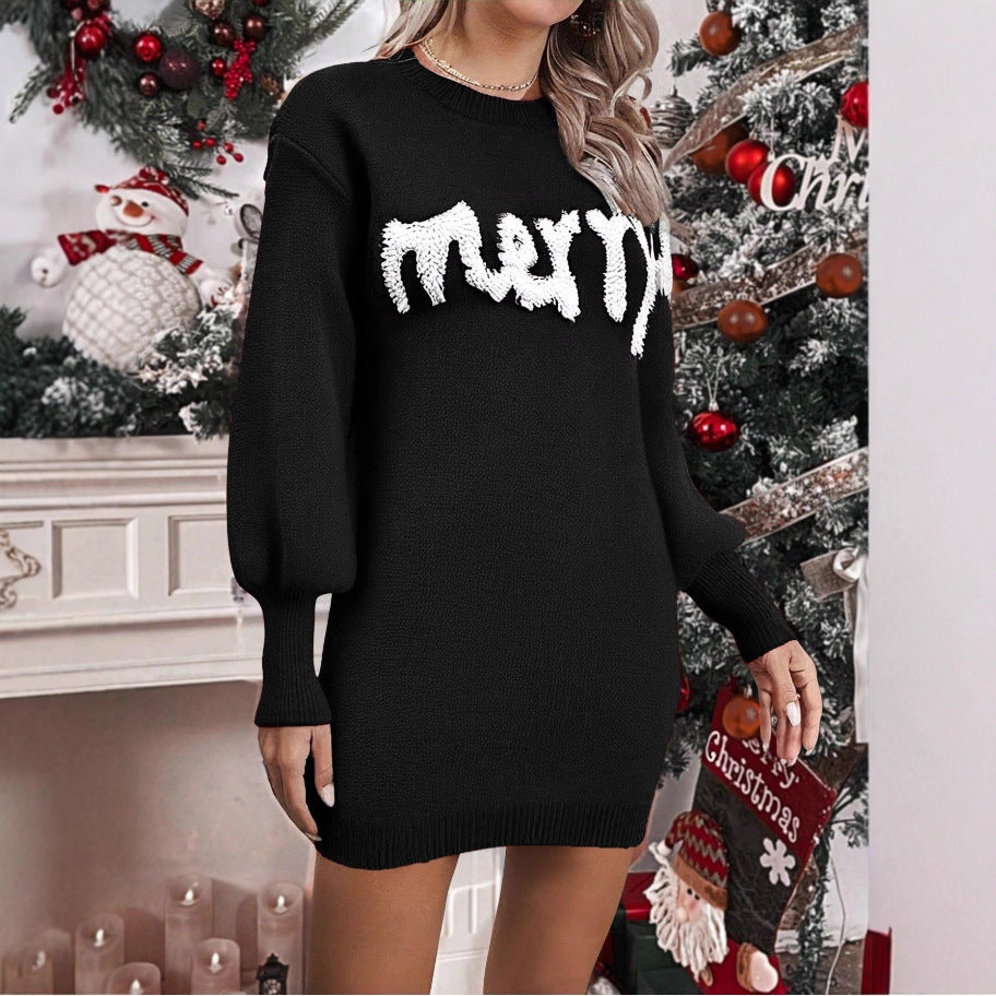 Women’s Knitted Round Neck Lantern-Sleeve Pullover Sheath