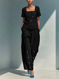 Women's Loose Short-Sleeve Top & High-Waist Pants Set – Plus Size Friendly