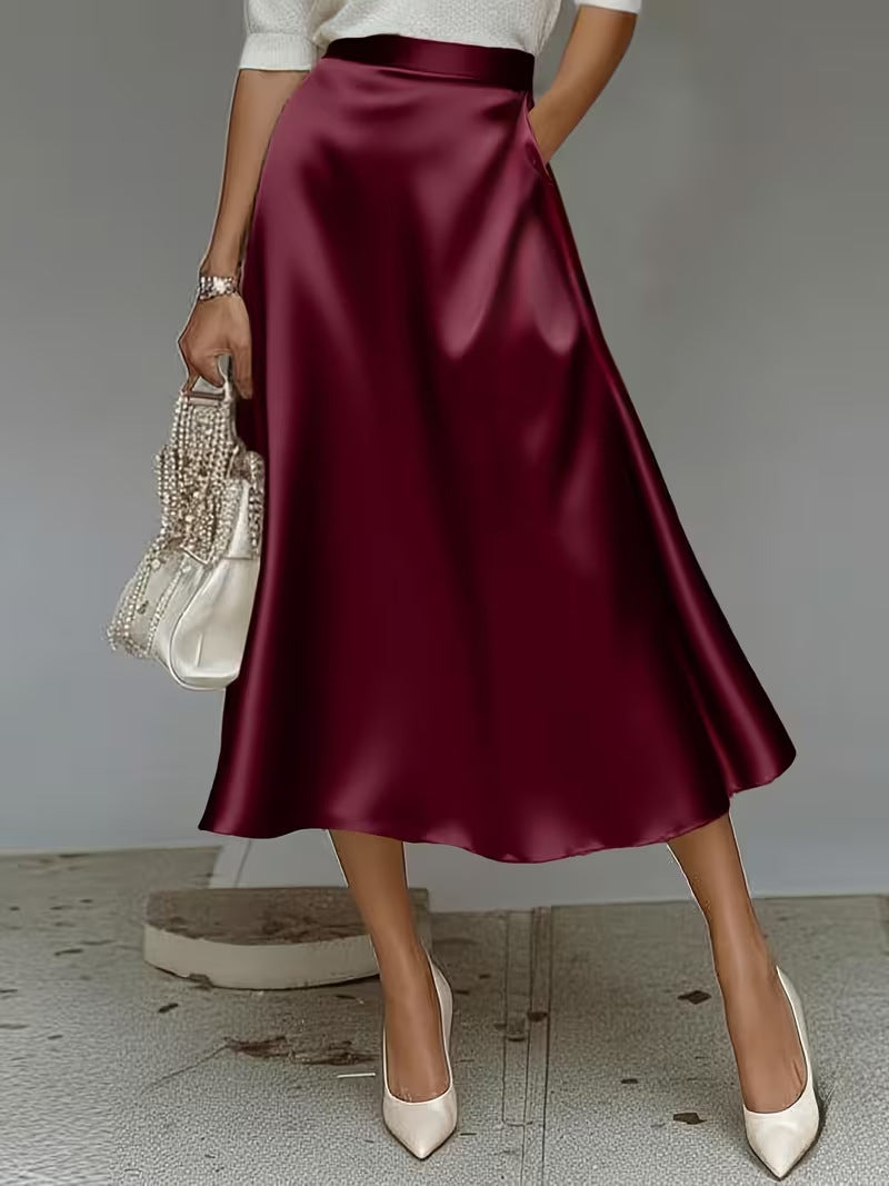 Women's Satin Solid Color Mid-Length Skirt – Slight Stretch