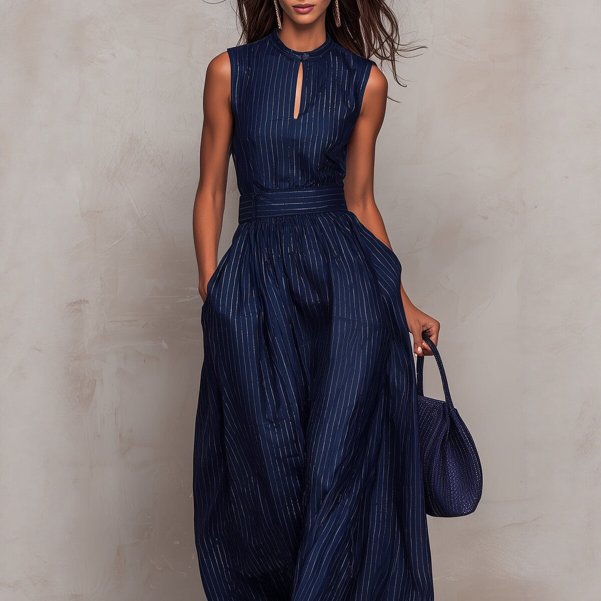 Women's Sleeveless Striped Wide-Leg Jumpsuit with Pockets