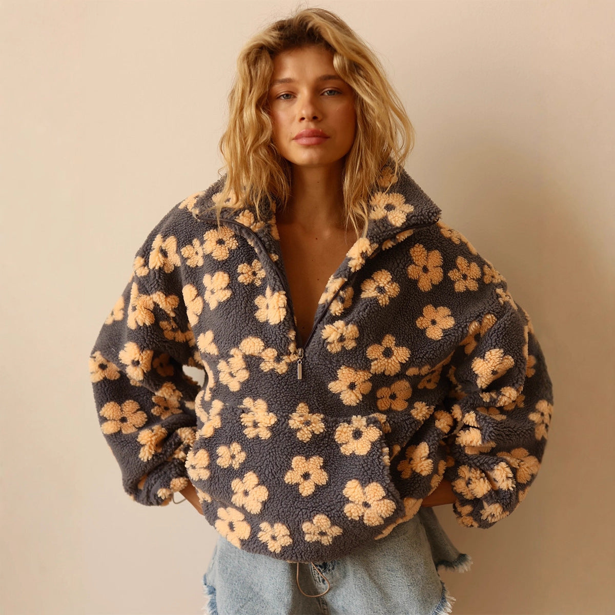 Winter Flowers Lambskin Sweatshirt Women | Cozy Zip-Up Pocket Pullover