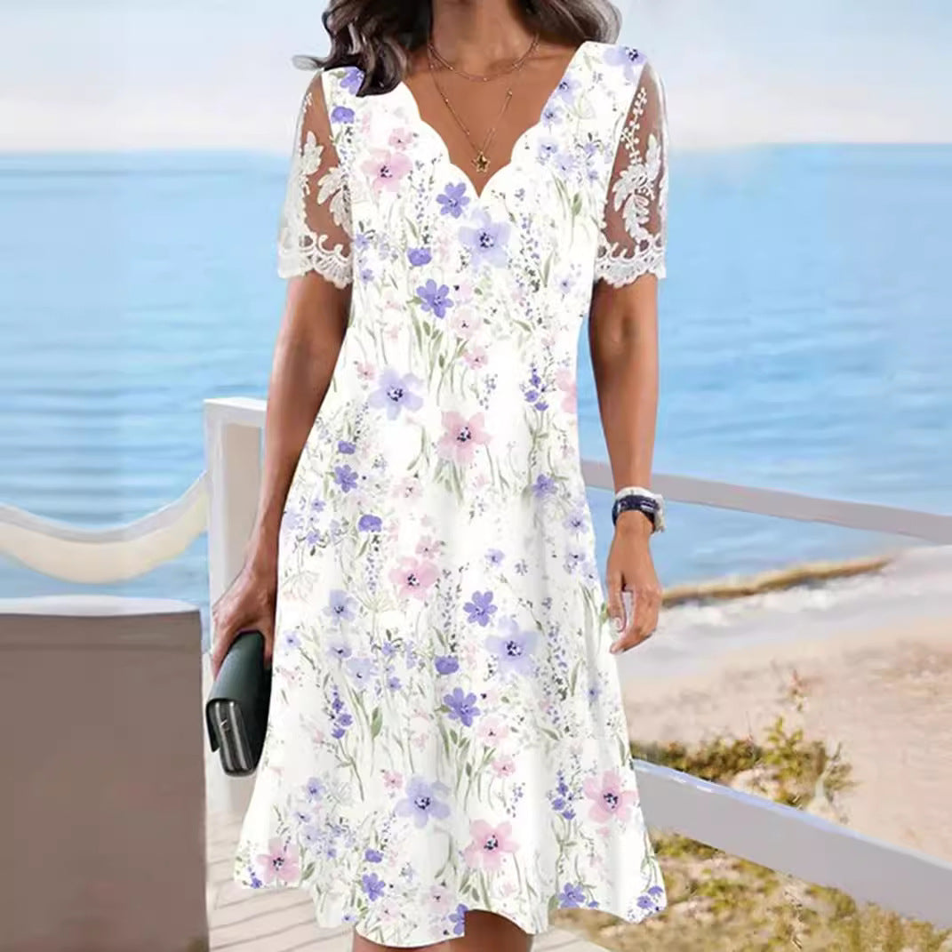 Women's Floral Lace Flounce Neckline High-Waist A-Line Midi Dress