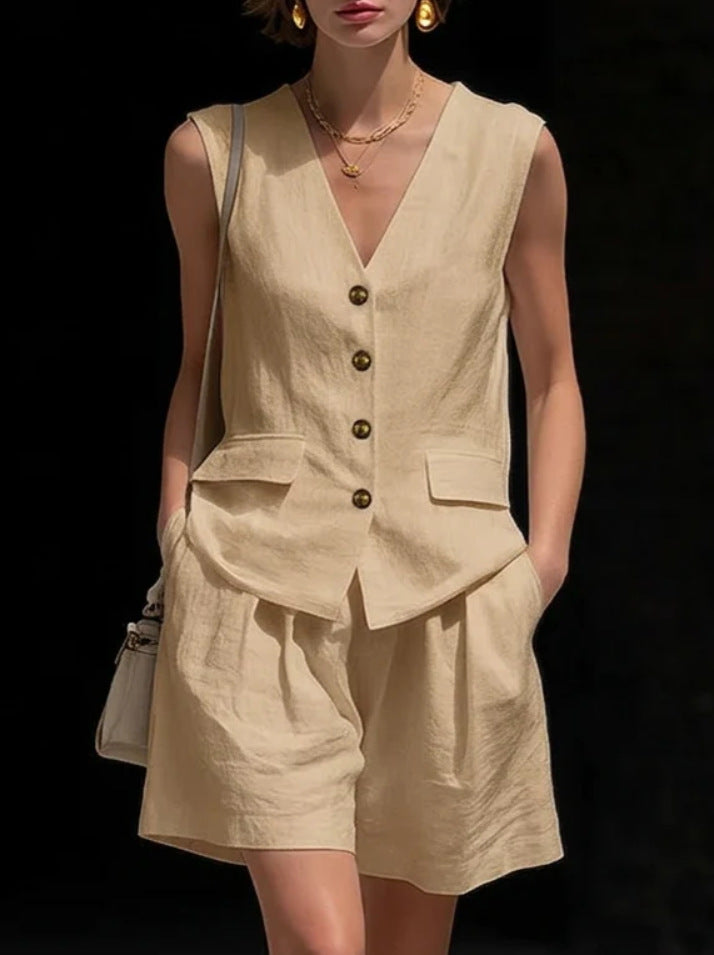 Women’s Cotton Linen Sleeveless Vest Top and Shorts Set