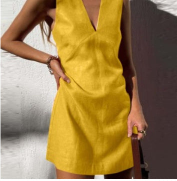 🌿 V-Neck Cotton & Linen Sleeveless Mini Dress