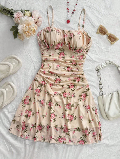 Boho Floral Spaghetti Strap Mini Dress – Ruched Ruffle Hem Vacation Sundress