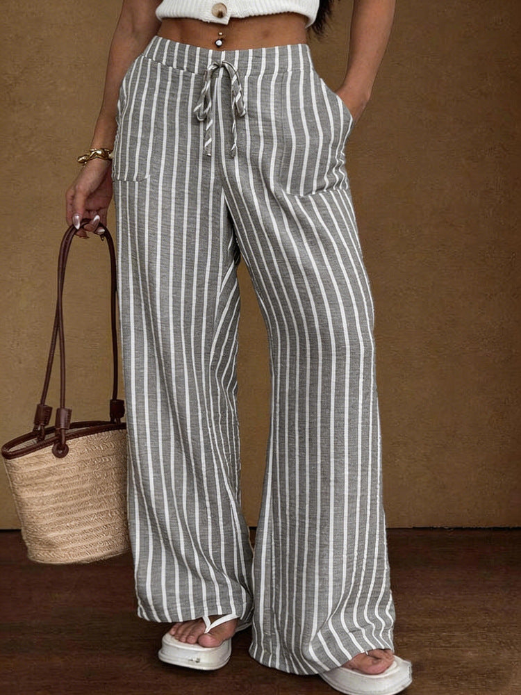 Women's Striped Wide-Leg Trousers – Lace-Up Elastic Waist Loose Fit