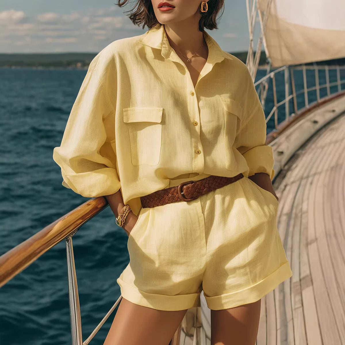 Cotton-Linen Loose-Fit Button-Down Shirt and Shorts Casual Set