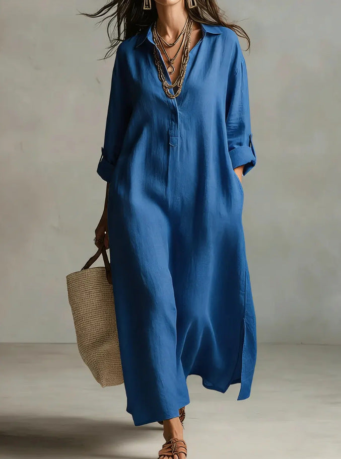 Women's Casual Long-Sleeve Linen Shirt Dress – Relaxed Fit