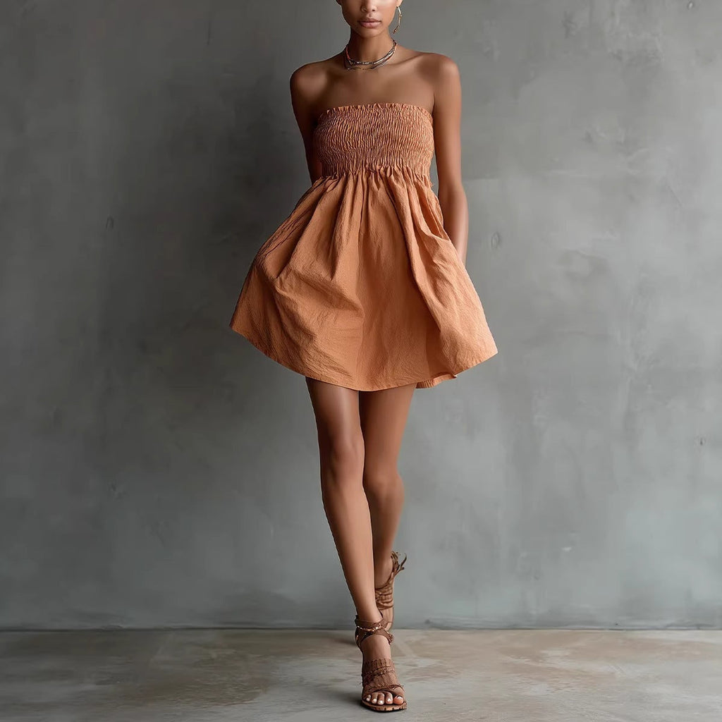 Women's Strapless Tube Mini Dress – Solid Color Elastic Waist