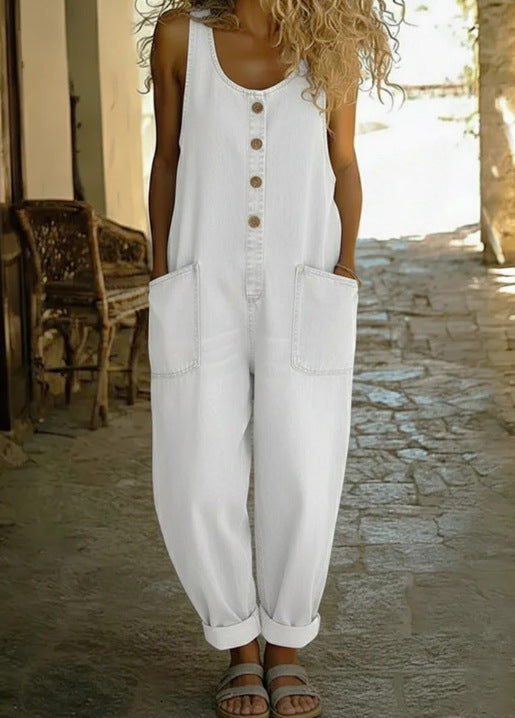 Retro Buckle Multi-Pocket Overalls Jumpsuit | 3/4 Sleeve
