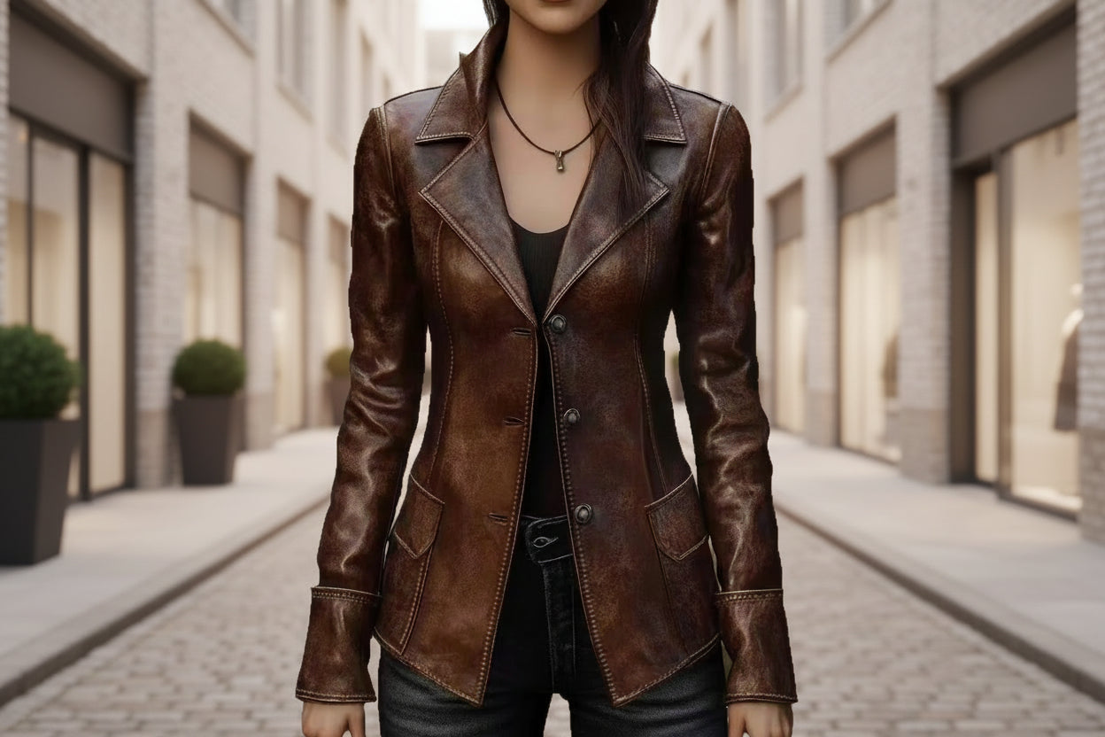 Women's Retro Slim-Fit Faux Leather Biker Jacket – Mid-Length