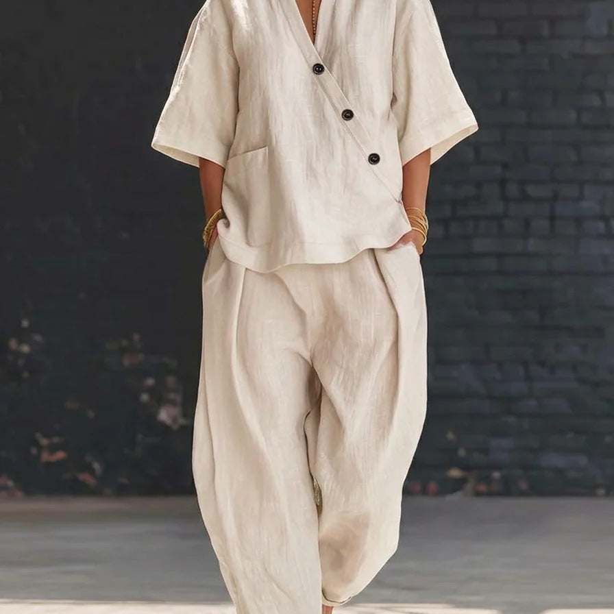 V-Neck Short Sleeve Top & High-Waist Trousers Two-Piece Set
