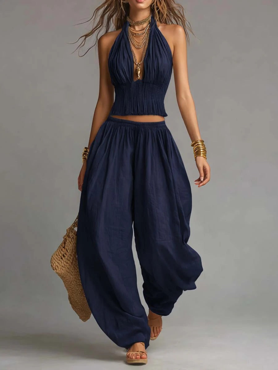 Women's Sleeveless Backless Halter Top & Wide-Leg Pants Set