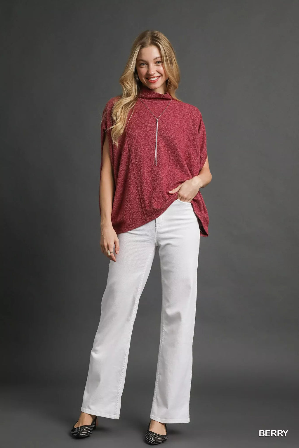 Umgee Textured Mock Neck Relaxed Top