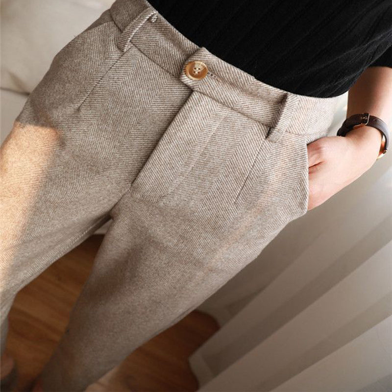 Women's Solid Color Wool-Like Tapered Trousers | Classic Ankle-Length Pants