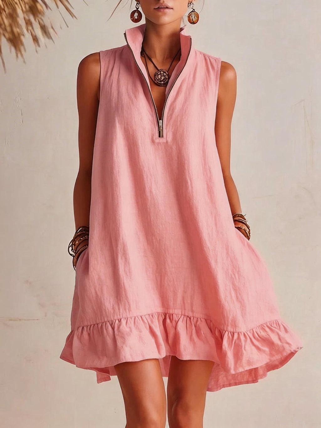 Women's Casual Loose Half-Zip Sleeveless Dress with Ruffle Hem