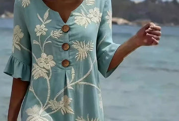 Women's Resort V-Neck Coconut Print Loose Three-Quarter Sleeve Dress