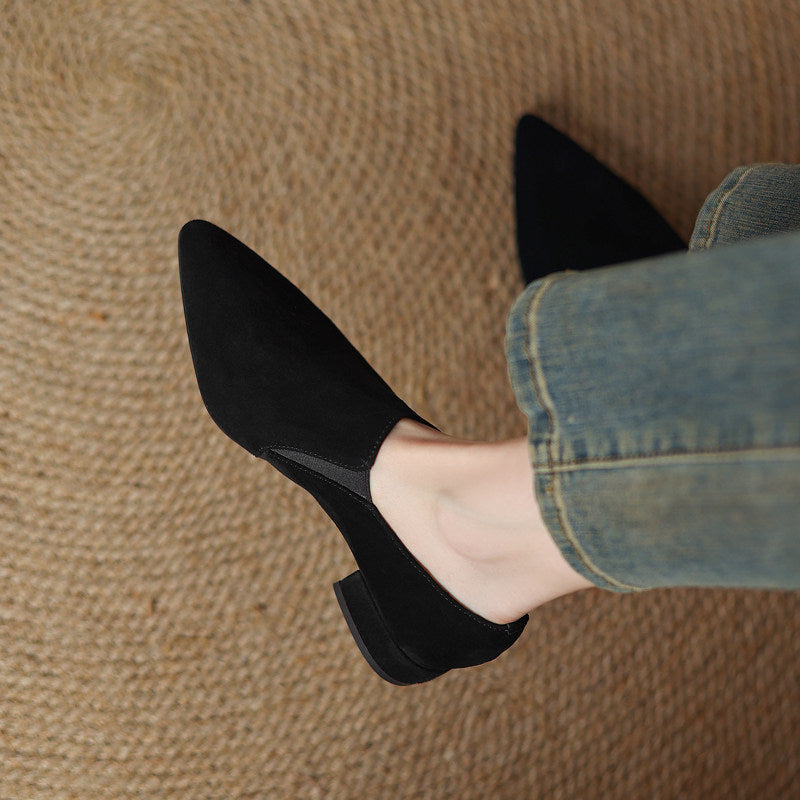 Women's Suede Pointed Toe Chunky Heel Pumps – Deep Vamp Low Heel