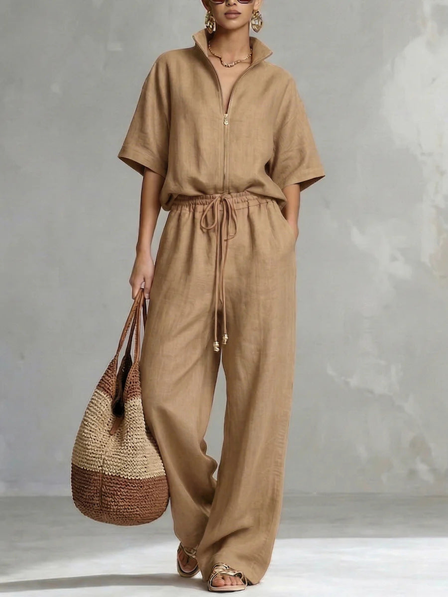 Women's Zip-Up Crew-Neck Top & Wide-Leg Pants Set