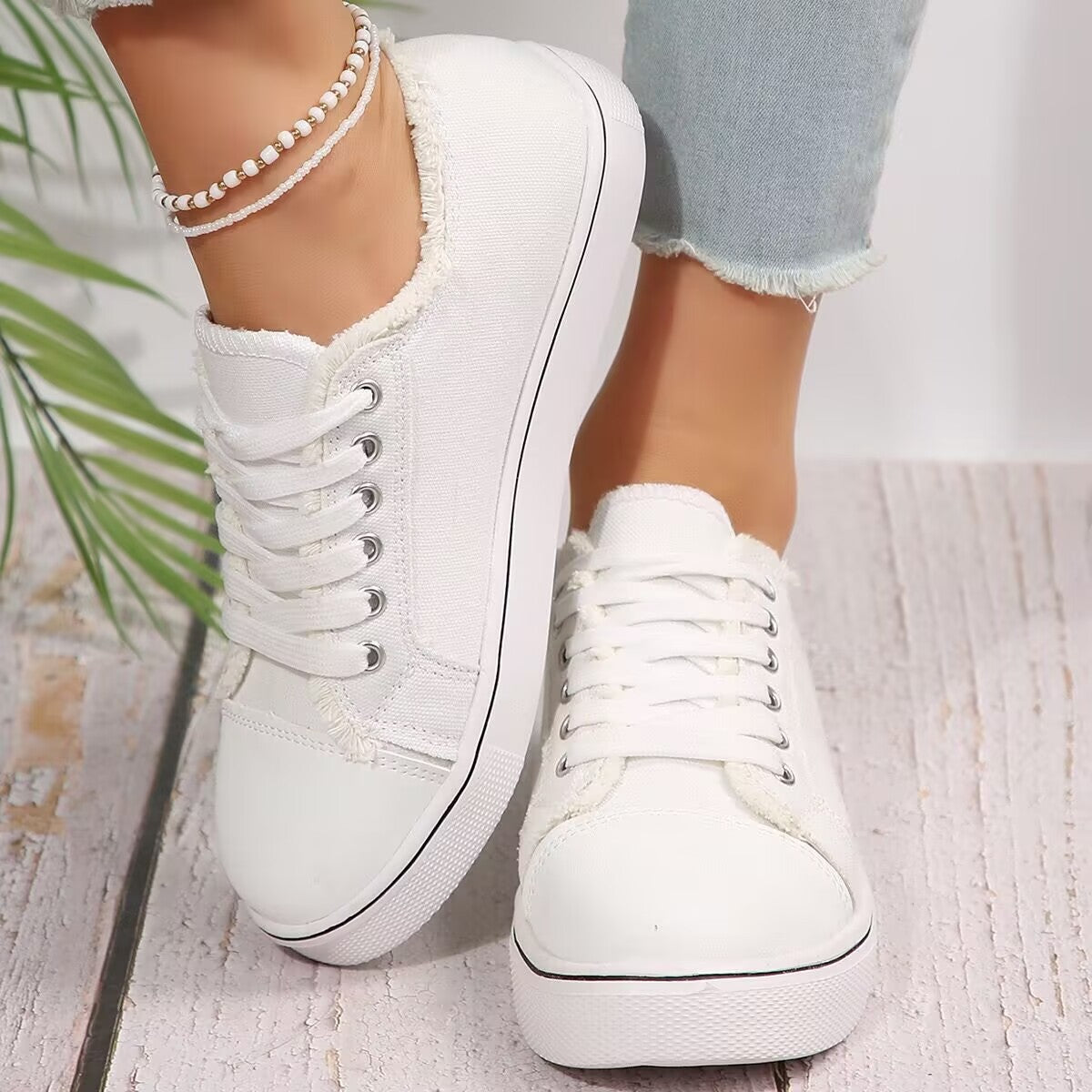 Women's Lace-Up Canvas Sneakers – Lightweight Flat Low-Top