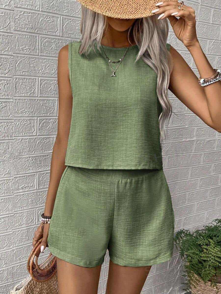 Women's Solid Color Sleeveless Vest & Shorts Set