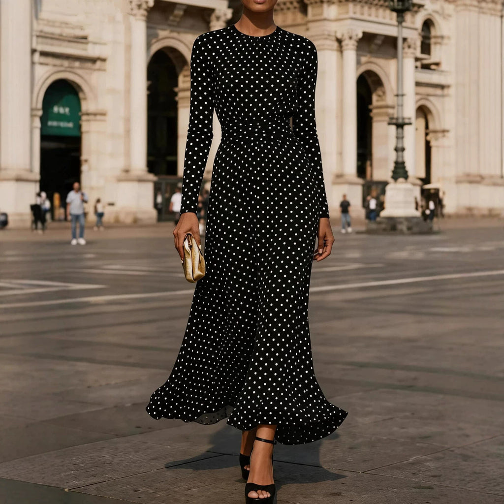 Round Neck Long Sleeve Polka Dot Sheath Dress