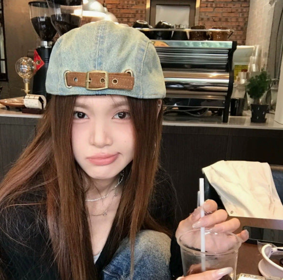 Double-Brim Turned-Up Denim Beret – Breathable Cotton Hat for Women