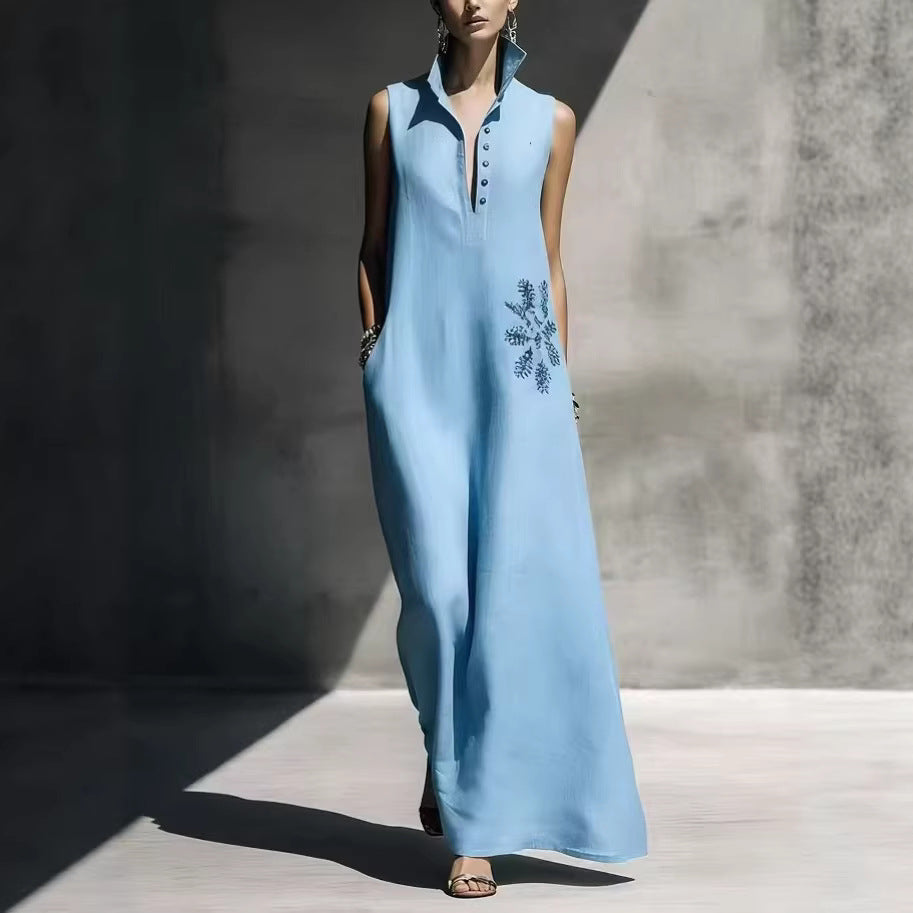Women's Cotton Linen Mandarin Collar Maxi Dress – Graphic Print with Pockets