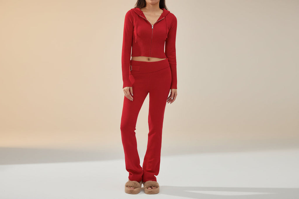 Women’s Knitted Hooded Two-Piece Set – Cardigan & High-Waisted Pants Suit