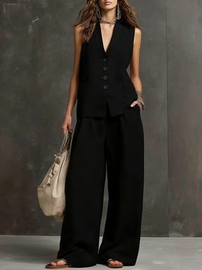 Women's Sleeveless Vest & Wide-Leg Pants Two-Piece Set – 10 Colors XS–3XL