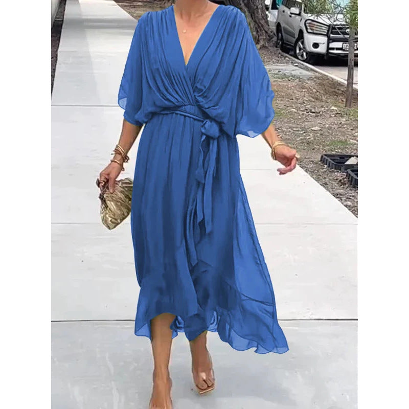 Batwing Sleeve V-Neck Midi Dress – Tied Irregular Hem Fairy Dress