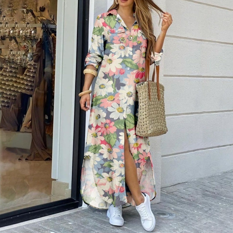 Women's Lapel-Collar Long Shirt Dress – Floral Print Midi Relaxed Fit