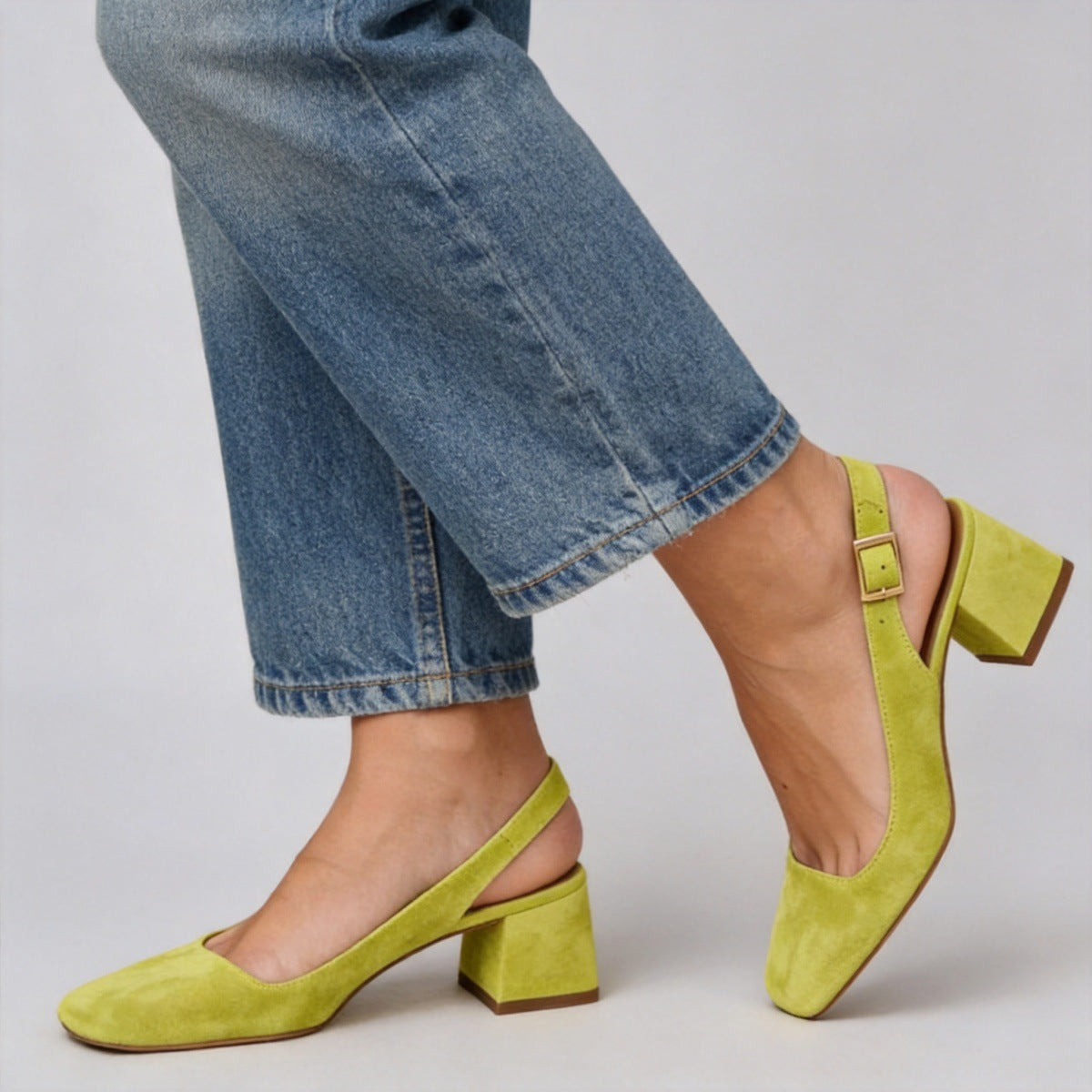 Women's Square Toe Slingback Chunky Heels – Buckle Strap Wide Fit