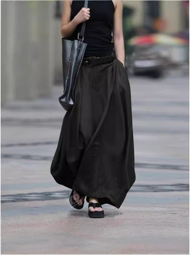 Women's High-Waist Flared Maxi Skirt – Solid Color Cotton Linen with Pockets