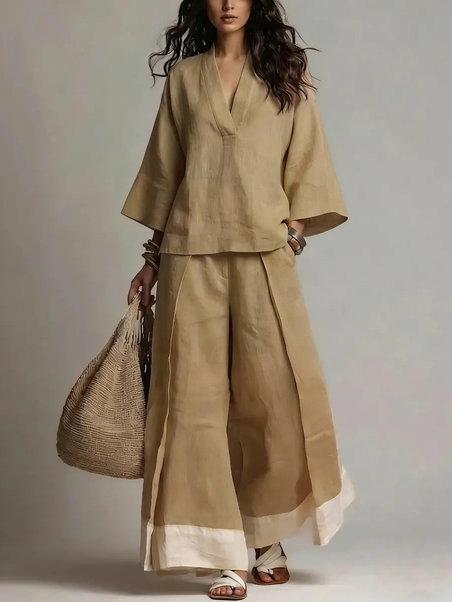 Women's Cotton-Linen V-Neck 3/4 Sleeve Shirt & Wide-Leg Pants Set