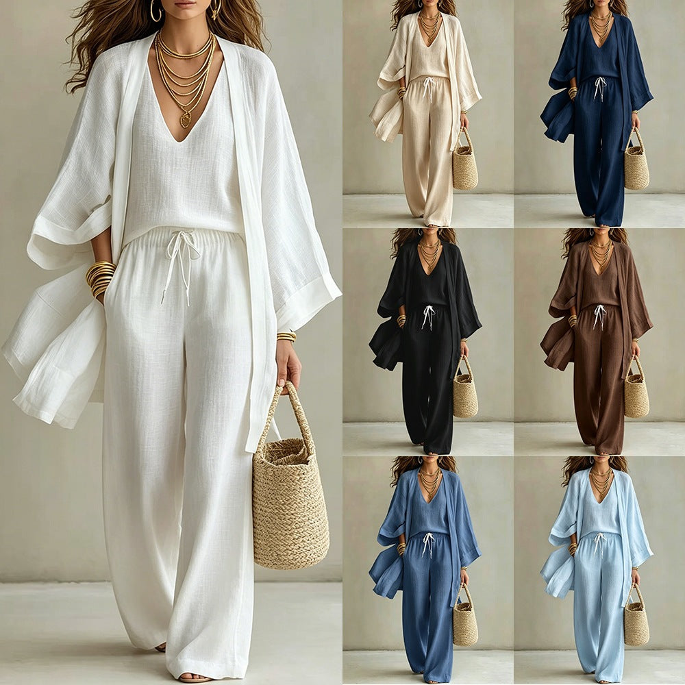 Women's 3-Piece Cardigan, Sleeveless Vest & Wide Leg Pants Set