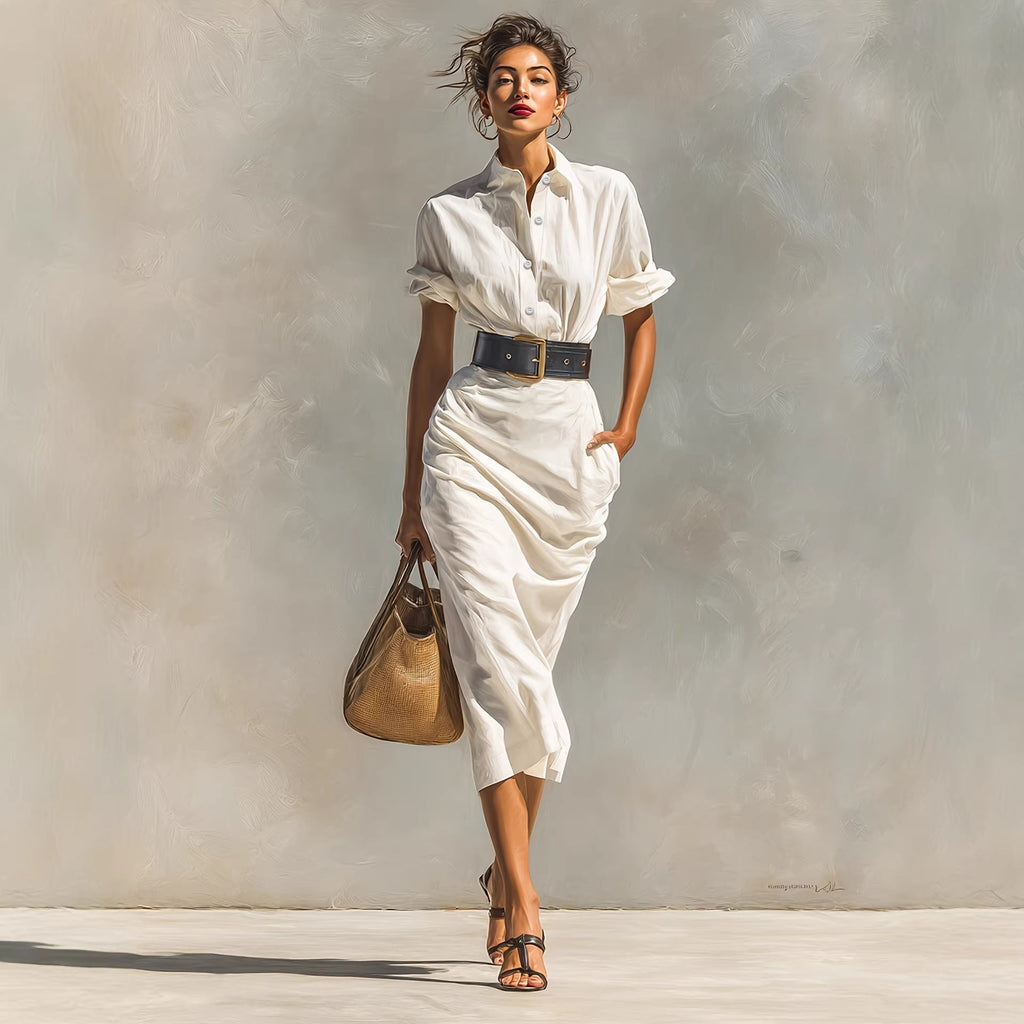 High Waist Shirt Maxi Dress for Women – Solid Color Button Cuff Long Dress