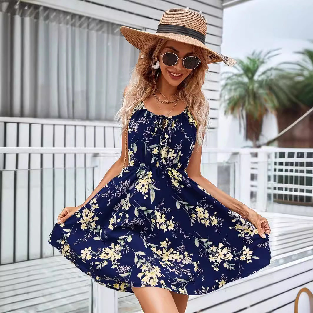 Women's Floral Print Sleeveless Midi Dress – Tie-Up Neck Elastic Waist Boho Summer Dress