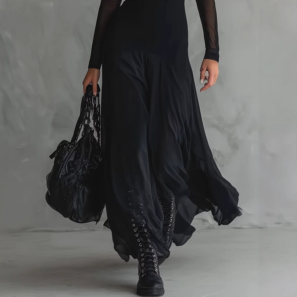 Women's Black See-Through Mesh Long Sleeve Maxi Dress – Elegant Sheer Overlay Gown