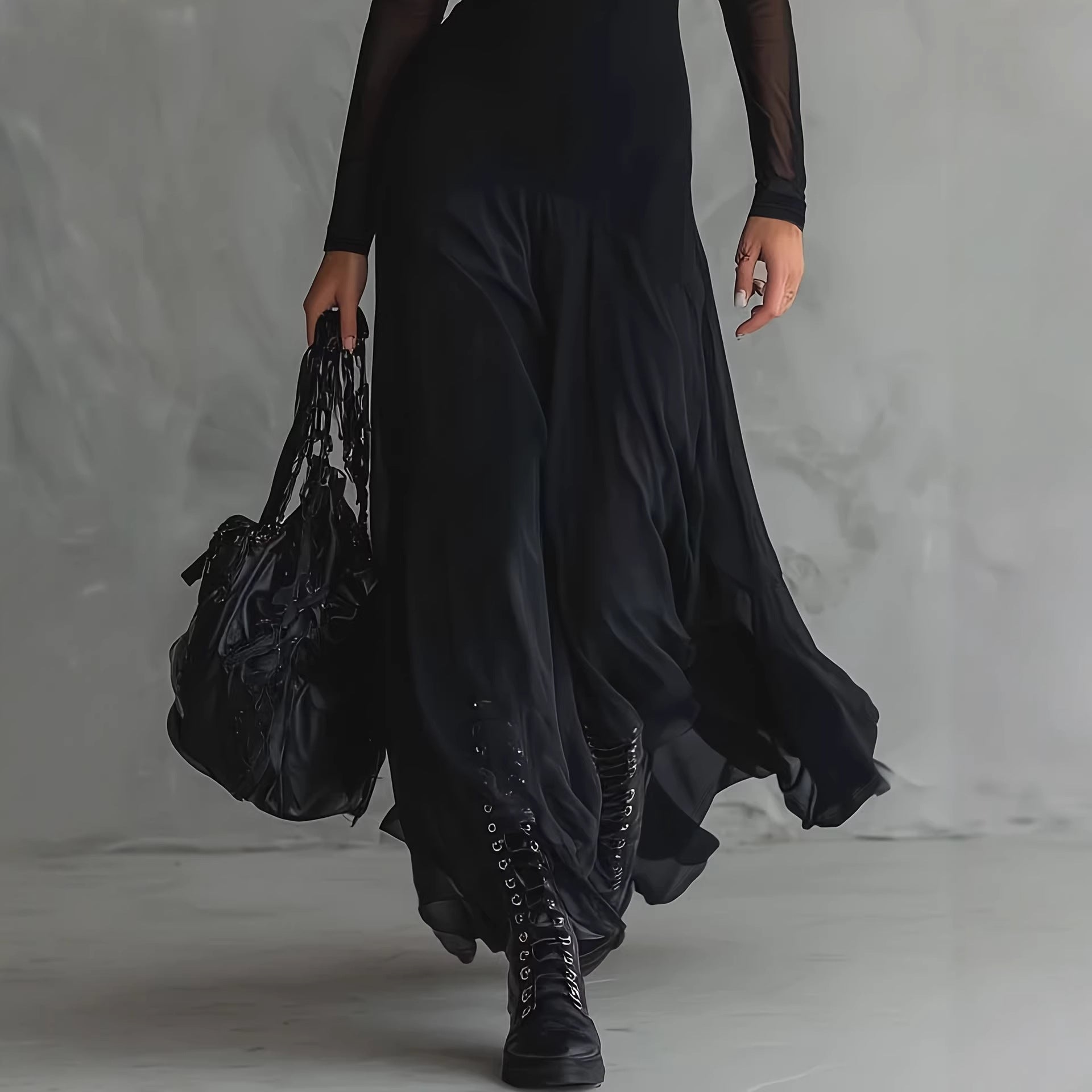 Women's Black See-Through Mesh Long Sleeve Maxi Dress – Elegant Sheer Overlay Gown