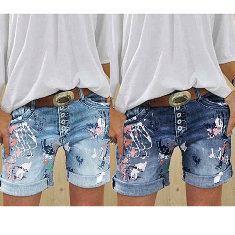 Women's High-Waist Printed Elastic Denim Shorts with Button Closure