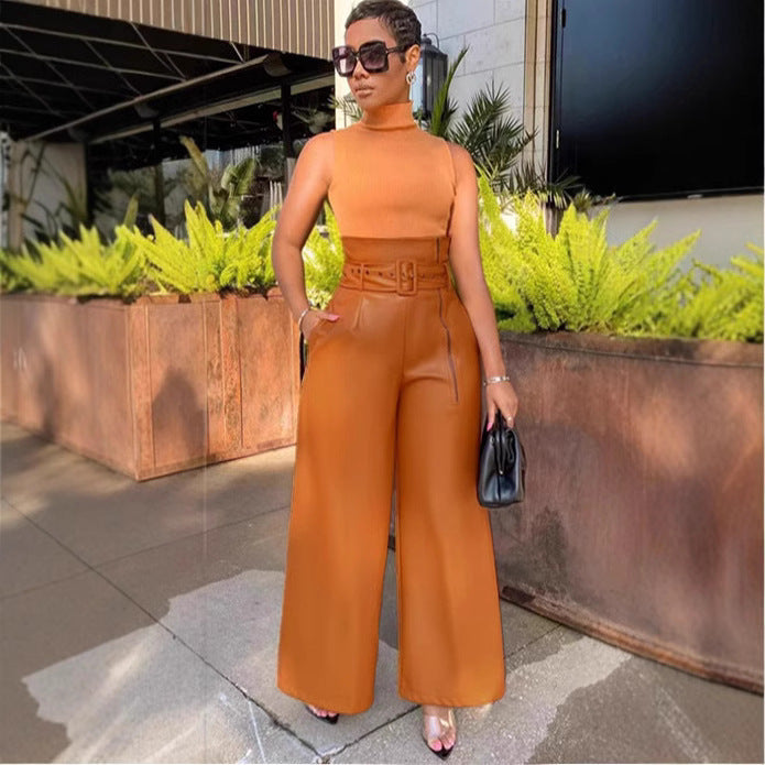 Women's High-Waist PU Leather Wide-Leg Pants with Metallic Belt
