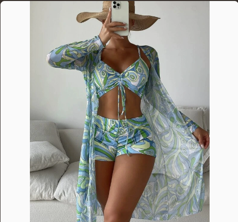 Mesh Cover-Up Three-Piece Swimwear Set – Bikini with Leg-Length Briefs